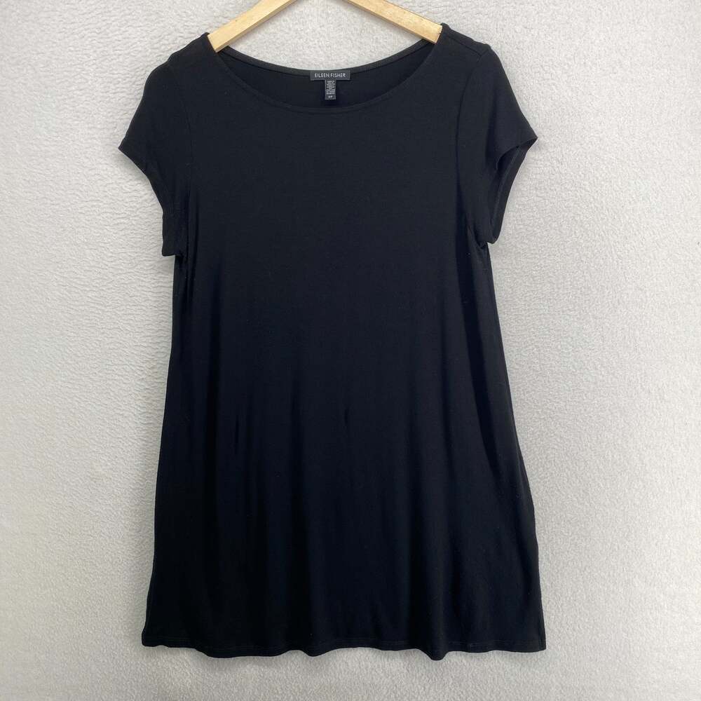 EILEEN FISHER Tunic S Viscose Stretch Jersey Boat Neck Short Sleeve Black USA